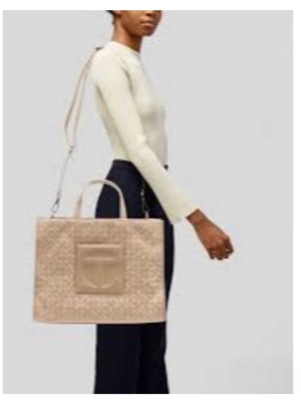 Telfar Beige Monogram Tote with Top Handles and Shoulder Strap